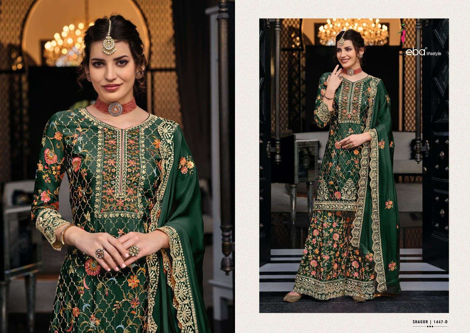 SHAGUN COLOR EDITION CHINON EMBOIDERY WORK KURTI WITH PLAZZO AND DUPATTA BY EBA LIFESTYLE BRAND 1447 D